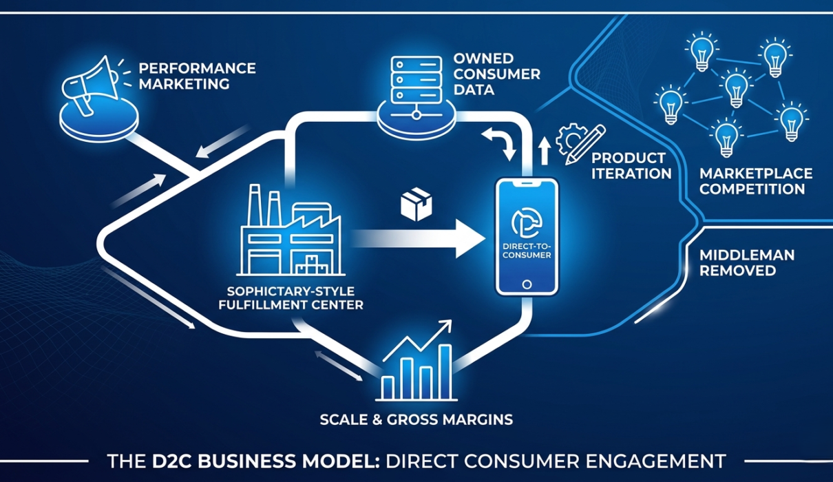 Blue and white infographic diagram explaining the D2C business model, showcasing performance marketing, owned consumer data, product iteration, and supply chain scale over e-commerce marketplaces