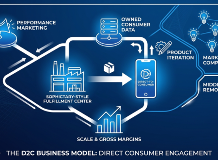 Blue and white infographic diagram explaining the D2C business model, showcasing performance marketing, owned consumer data, product iteration, and supply chain scale over e-commerce marketplaces