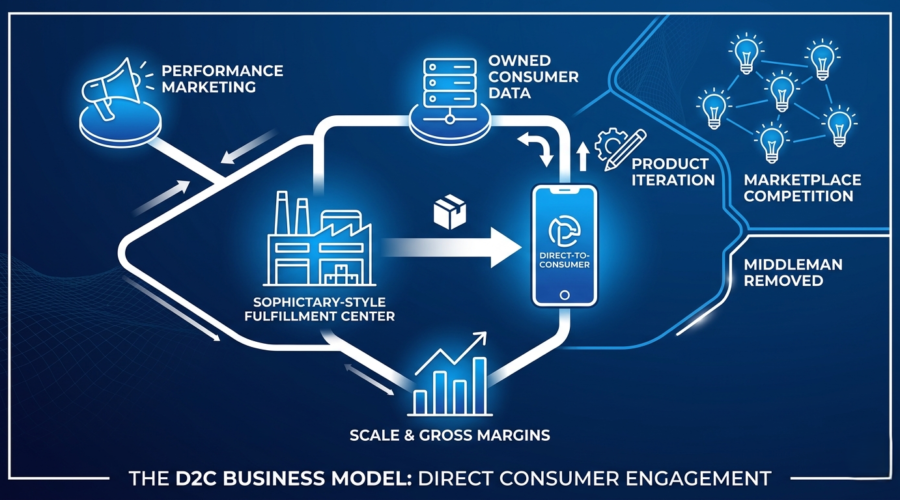 Blue and white infographic diagram explaining the D2C business model, showcasing performance marketing, owned consumer data, product iteration, and supply chain scale over e-commerce marketplaces
