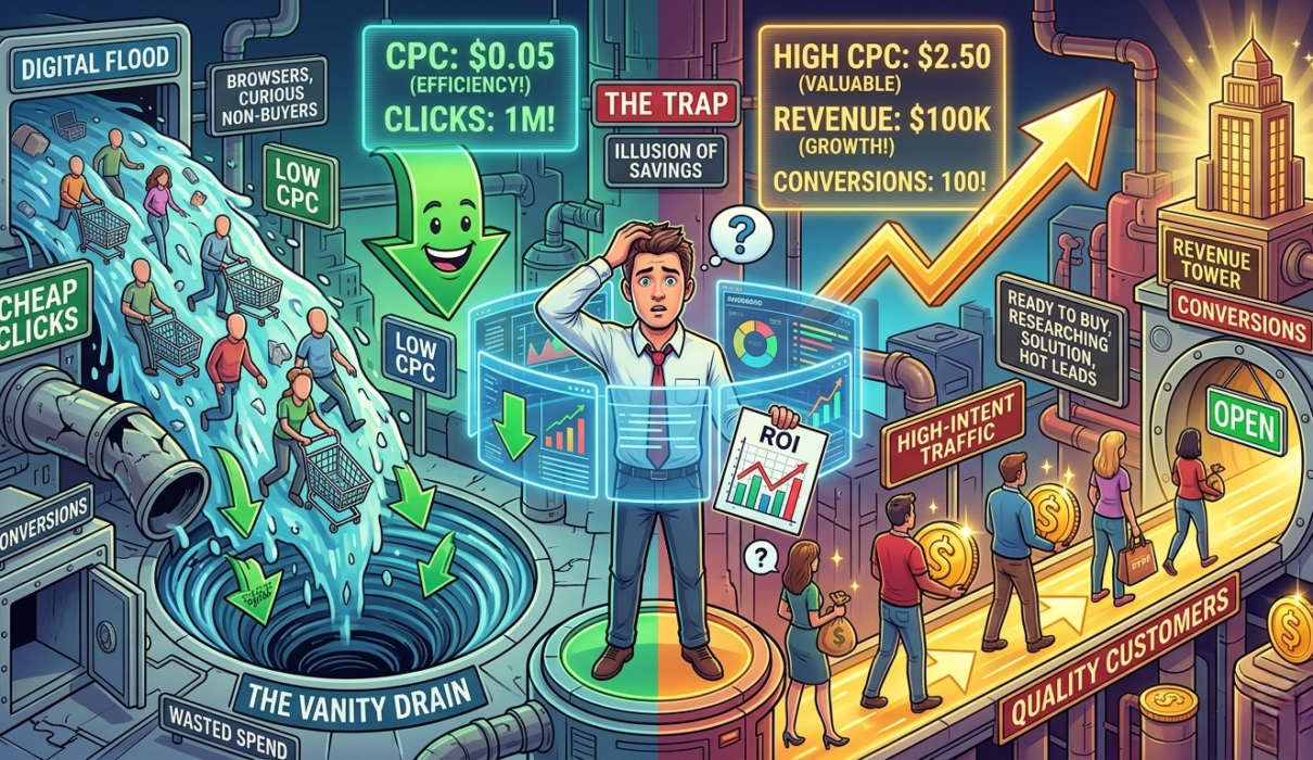 An infographic illustrating the Google Ads CPC trap, comparing a flood of cheap clicks emptying into a vanity drain on the left versus high-intent, expensive clicks converting into quality customers and revenue growth on the right