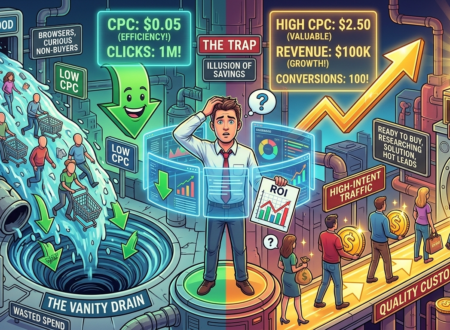 An infographic illustrating the Google Ads CPC trap, comparing a flood of cheap clicks emptying into a vanity drain on the left versus high-intent, expensive clicks converting into quality customers and revenue growth on the right