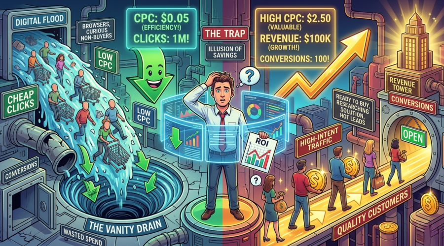 An infographic illustrating the Google Ads CPC trap, comparing a flood of cheap clicks emptying into a vanity drain on the left versus high-intent, expensive clicks converting into quality customers and revenue growth on the right