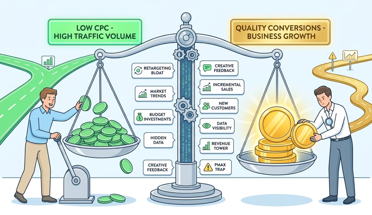 A clean vector infographic illustrating the choice in e-commerce Google Ads strategy using a balance scale. The left side features a marketer pulling a lever to pile up cheap green coins under a sign that reads "Low CPC - High Traffic Volume." The right side shows a marketer carefully placing large gold coins onto a glowing scale under a sign that reads "Quality Conversions - Business Growth