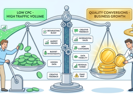 A clean vector infographic illustrating the choice in e-commerce Google Ads strategy using a balance scale. The left side features a marketer pulling a lever to pile up cheap green coins under a sign that reads "Low CPC - High Traffic Volume." The right side shows a marketer carefully placing large gold coins onto a glowing scale under a sign that reads "Quality Conversions - Business Growth