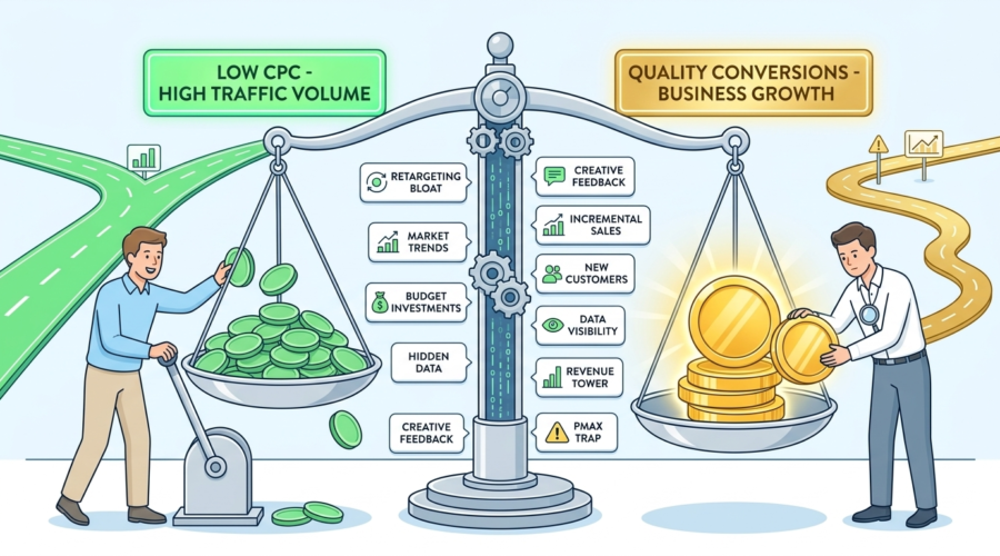 A clean vector infographic illustrating the choice in e-commerce Google Ads strategy using a balance scale. The left side features a marketer pulling a lever to pile up cheap green coins under a sign that reads "Low CPC - High Traffic Volume." The right side shows a marketer carefully placing large gold coins onto a glowing scale under a sign that reads "Quality Conversions - Business Growth