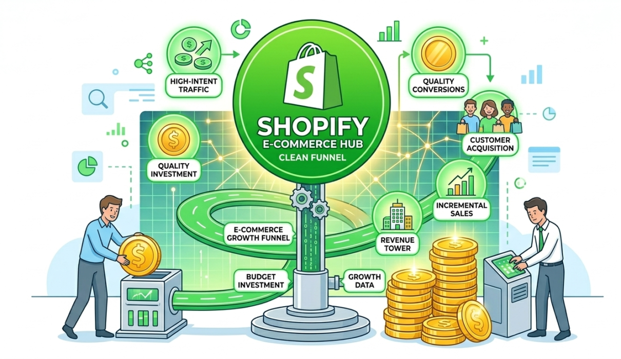 A clean, high-contrast vector infographic with a bright white background focused on a Shopify e-commerce hub. The center features a prominent green circle containing the Shopify logo bag. Surrounding the hub are minimalist icons and pathways showing a clean growth funnel, budget investments turning into large stacks of gold coins, incremental sales charts, and successful customer acquisition