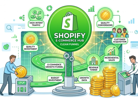 A clean, high-contrast vector infographic with a bright white background focused on a Shopify e-commerce hub. The center features a prominent green circle containing the Shopify logo bag. Surrounding the hub are minimalist icons and pathways showing a clean growth funnel, budget investments turning into large stacks of gold coins, incremental sales charts, and successful customer acquisition