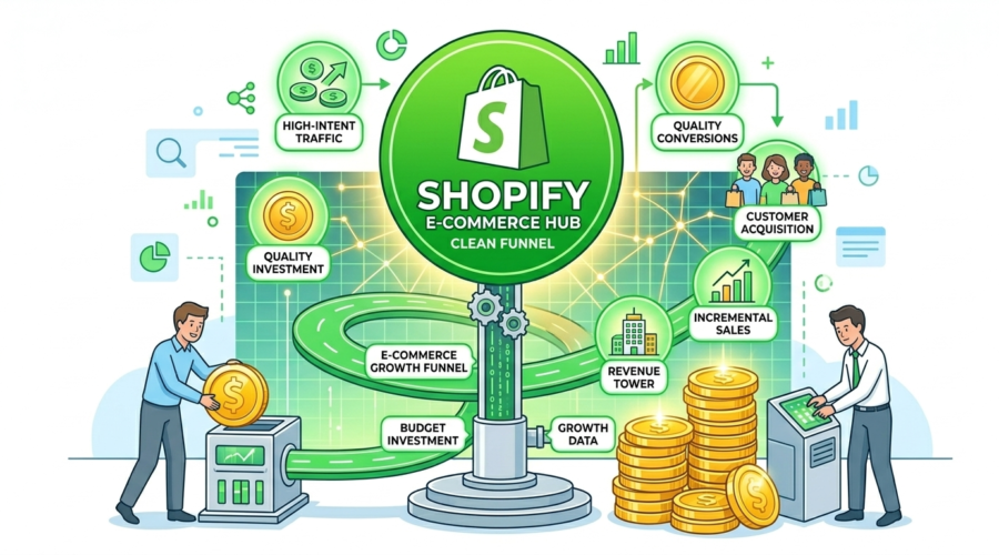 A clean, high-contrast vector infographic with a bright white background focused on a Shopify e-commerce hub. The center features a prominent green circle containing the Shopify logo bag. Surrounding the hub are minimalist icons and pathways showing a clean growth funnel, budget investments turning into large stacks of gold coins, incremental sales charts, and successful customer acquisition